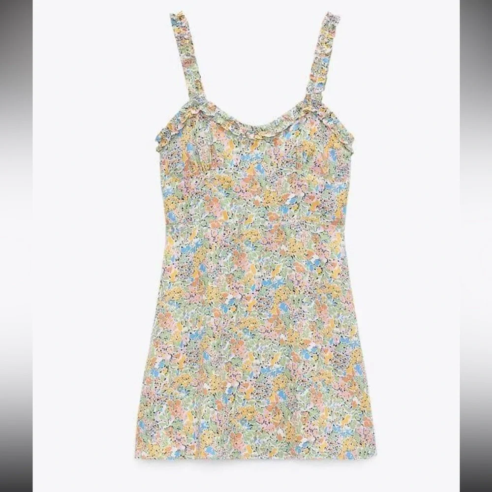 Zara Floral Mini Dress Sweetheart Neck Ruffle Strap Smocked Sundress Multi XXL - Picture 5 of 10